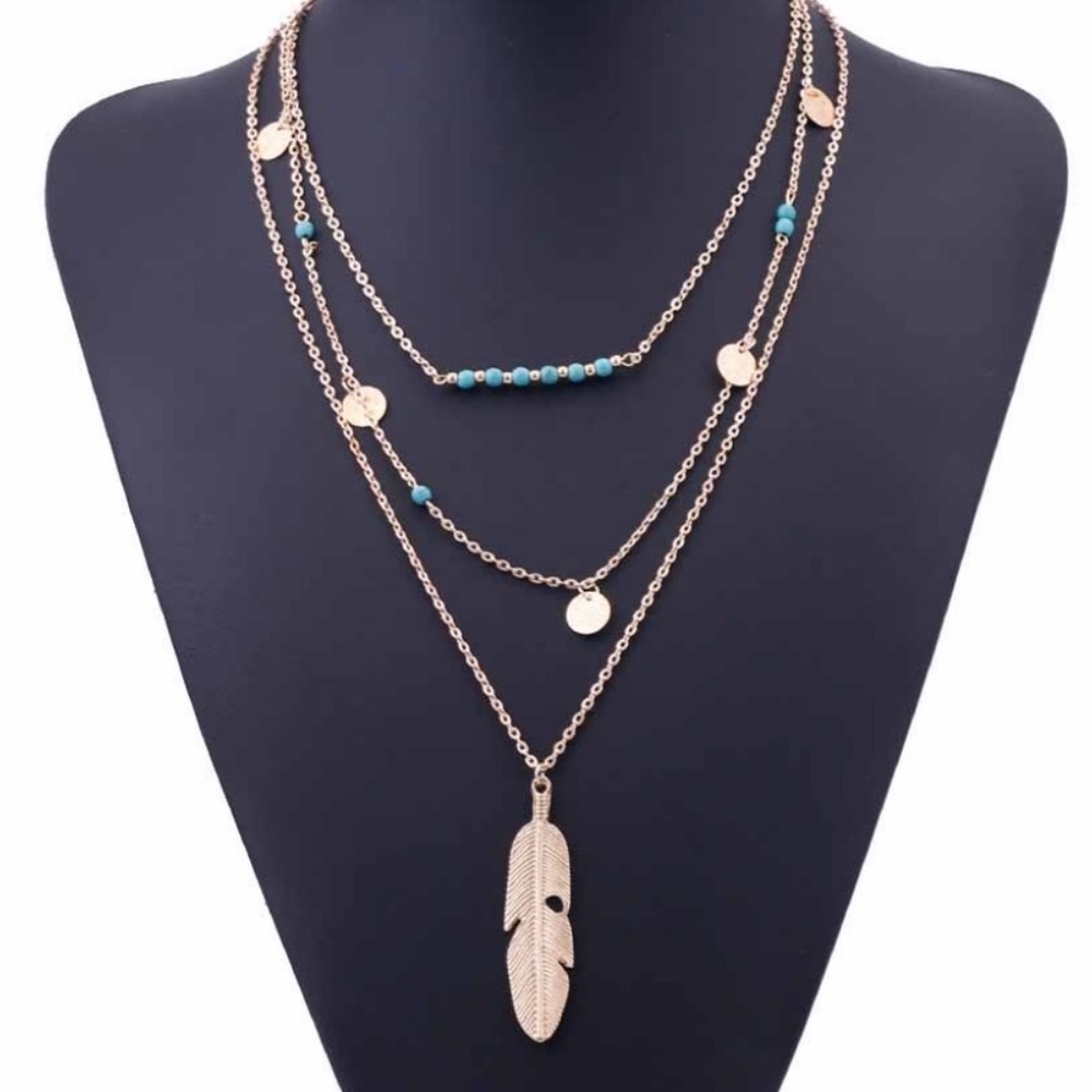 Gold and turquoise layered feather necklace